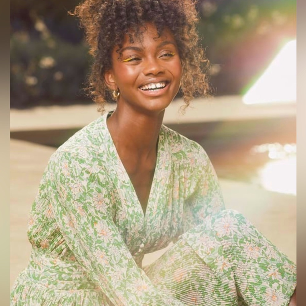 NWT Lulus Garden Dancer Green Floral Print Pleated Long Sleeve Midi Dress- S